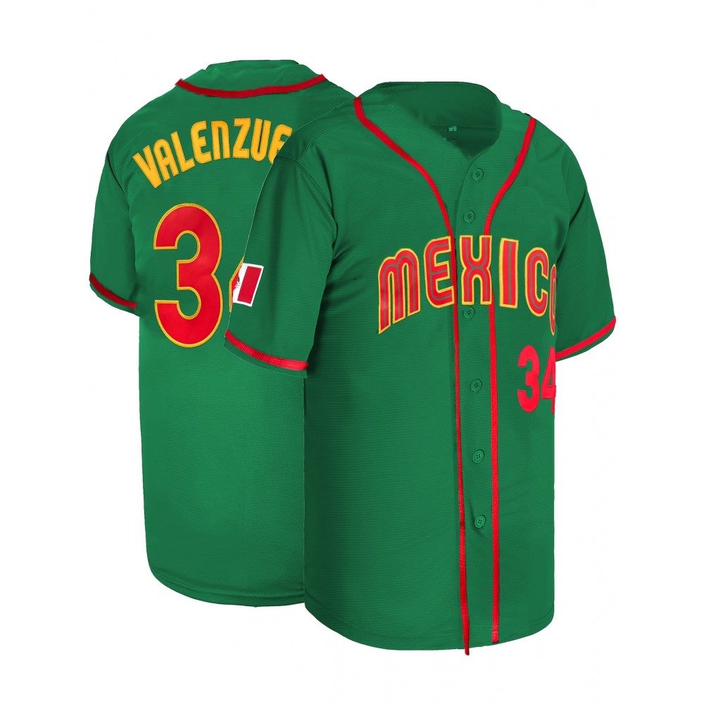 Men's #34 Mexico-Inspired Green Baseball Jersey with Red Letter Embroidery - V-Neck, Short Sleeve, Breathable Polyester, Button-Up Sports Uniform for Training, Competition & Casual Wear