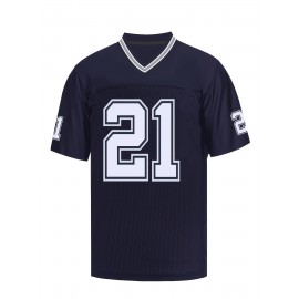 Men'S #21 Breathable V-Neck Rugby Jersey, Deep Blue Polyester-Spandex Blend, Short Sleeve Athletic Training Shirt with Classic American Embroidery, Loose Fit for Sports, Casual Wear, and Outdoor Activities