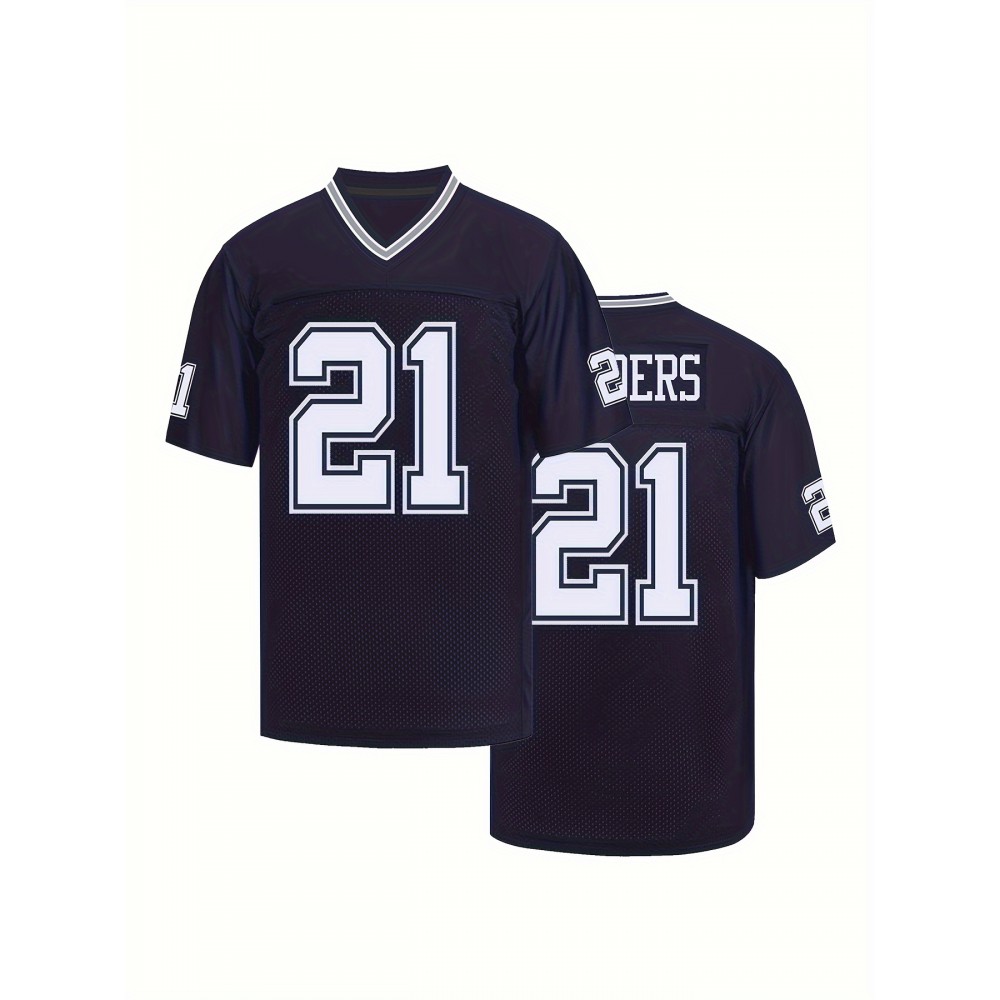 Men'S #21 Breathable V-Neck Rugby Jersey, Deep Blue Polyester-Spandex Blend, Short Sleeve Athletic Training Shirt with Classic American Embroidery, Loose Fit for Sports, Casual Wear, and Outdoor Activities