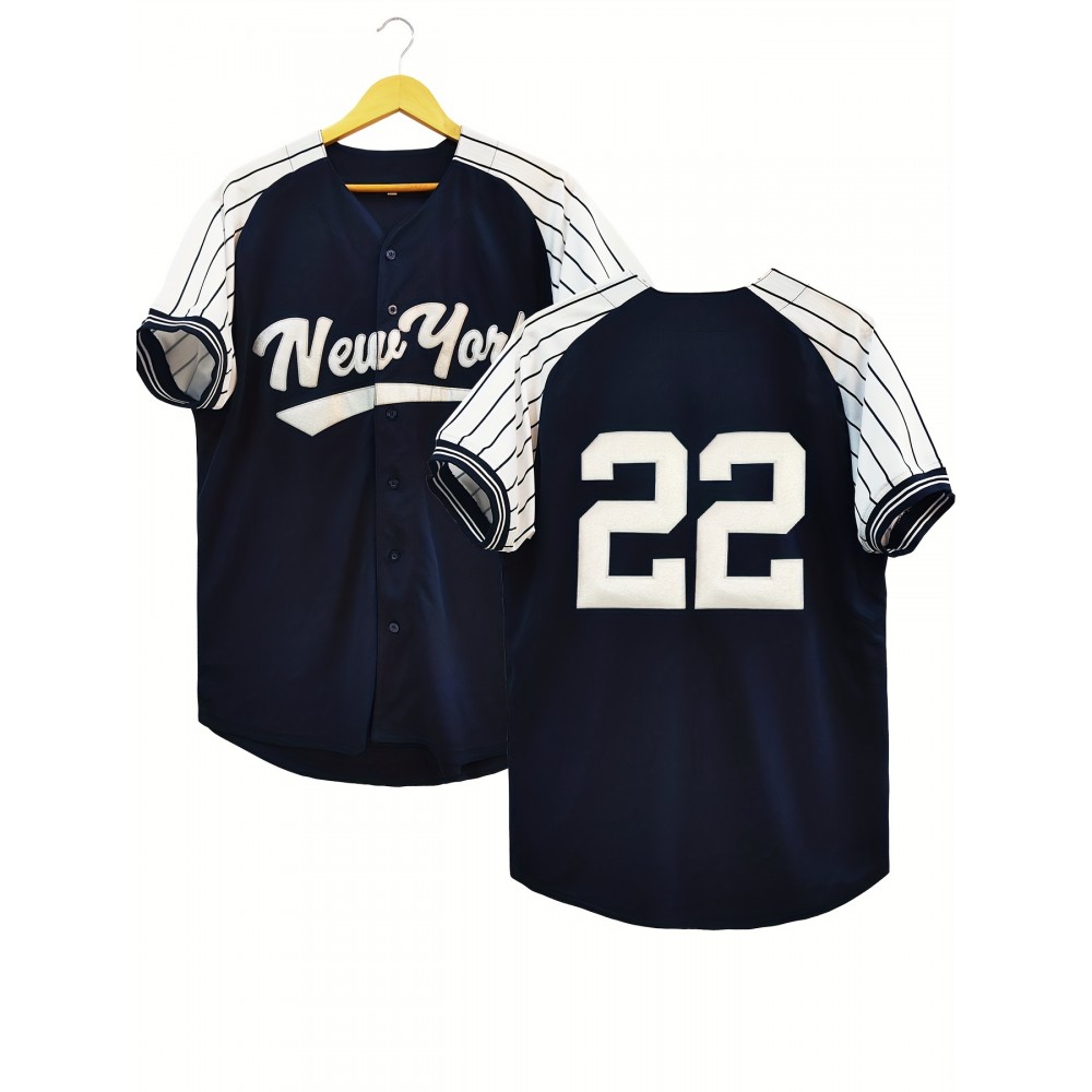 Men's #22 Retro Baseball Jersey - Vintage New York V-Neck Shirt, Breathable Loose Fit Short Sleeve for Training, Casual & Holiday Wear (Navy/White/Yellow), Sports Attire, Outdoor Activity Apparel, Sporty Look, Detailing, Durable Sportswear