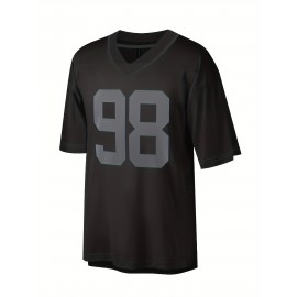 Men'S Black # 98 Breathable Rugby Shirt, Sports V-Neck Short Sleeved Training Shirt, Classic Embroidered American Football Shirt