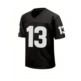 Men'S #13 Black Rugby Jersey - 100% Polyester V-Neck Short Sleeve Sportswear T-Shirt with Stitching for American Football, Casual Wear, and Training, Training Jersey | Sporty Vneck | Detailing