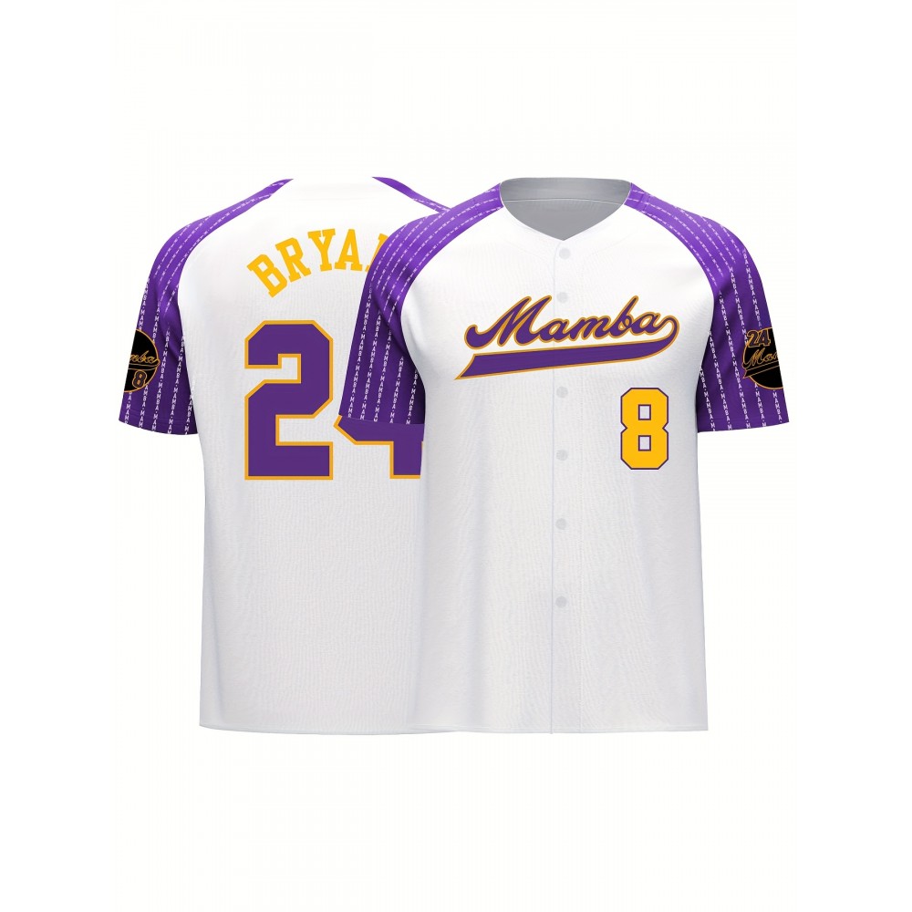 Men's White Baseball Jersey with Embroidered Mamba 24 & Number 8 Design - Breathable V-Neck, Loose Fit, Button-Up Short Sleeves for Training, Competitions, Casual & Streetwear - All-Season Athletic Shirt, Embroidered Detailing