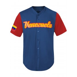 Men'S #27 Venezuela Color Block Baseball Jersey - Classic Retro Embroidery, Breathable Polyester, Short Sleeve V-Neck Sports Shirt for Training & Casual Wear, Outdoor Activity Wear|Athletic Aesthetic| Details