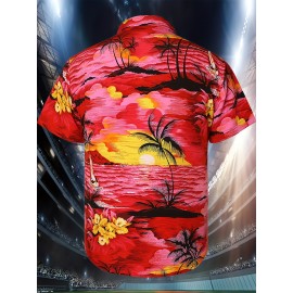 Men's Vibrant Tropical Floral Print Baseball Shirt - 100% Polyester, V-Neck, Loose Fit for Beach, Sports & Casual Outings, Sizes S-3XL, Casual Wear Shirt | Tropical Print Shirt | Details