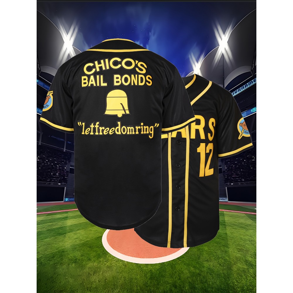 Men's#12 Black Baseball Shirt with Embroidered Alphabet - V-neck, Button, Polyester Fiber, Machine Washable - Perfect for Sports And Casual Wear