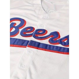 Men's #44 Beers Embroidered Baseball Jersey - Breathable, Comfort-Fit, V-Neck, Button-Up, White with Red & Blue Stripes, Polyester, Casual & Sporty, Sizes S-3XL