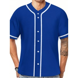 Men's Solid Color Classic Design Baseball Jersey, Men's Blue V-neck Baseball Jersey, Retro Baseball Shirt, Slightly Stretch Breathable Embroidery Button Sports Uniform For Training Competition Party Gifts