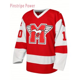 Men's #10 Ice Hockey Jersey - Red V-Neck Long Sleeve with Embroidered Letters & Logo, Breathable Polyester, Loose Fit for Sports, Casual Wear, Parties (Sizes S-3XL), Outdoor Activity Apparel, Durable Sportswear