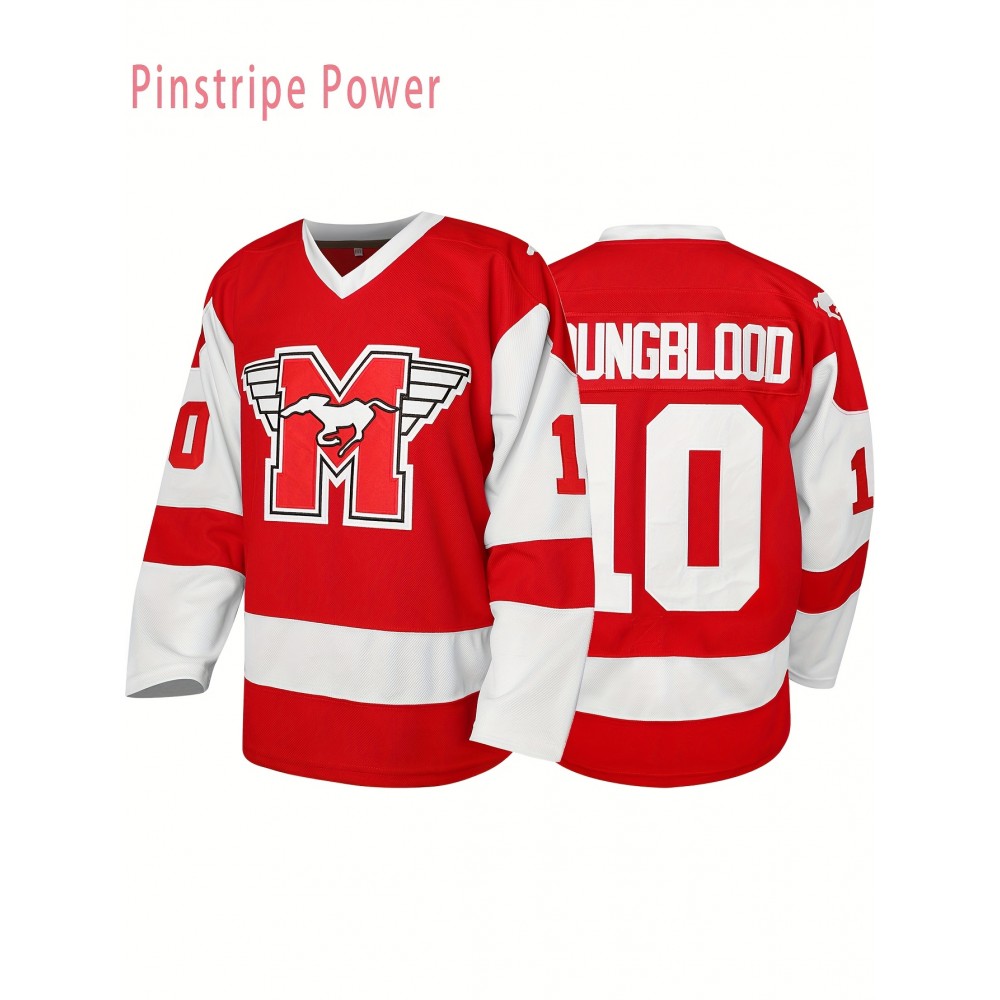 Men's #10 Ice Hockey Jersey - Red V-Neck Long Sleeve with Embroidered Letters & Logo, Breathable Polyester, Loose Fit for Sports, Casual Wear, Parties (Sizes S-3XL), Outdoor Activity Apparel, Durable Sportswear