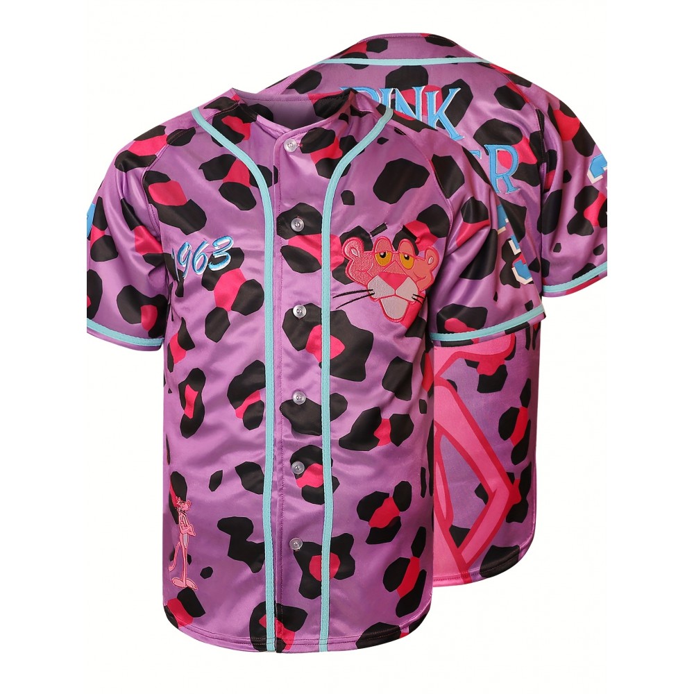 Men's Retro Purple Embroidered Baseball Jersey - V-Neck, Short Sleeve, Breathable Polyester Sports Shirt for Team Training, Casual Wear & Parties, Breathable Jersey|Vibrant Sports Jersey|Button Closure Jersey