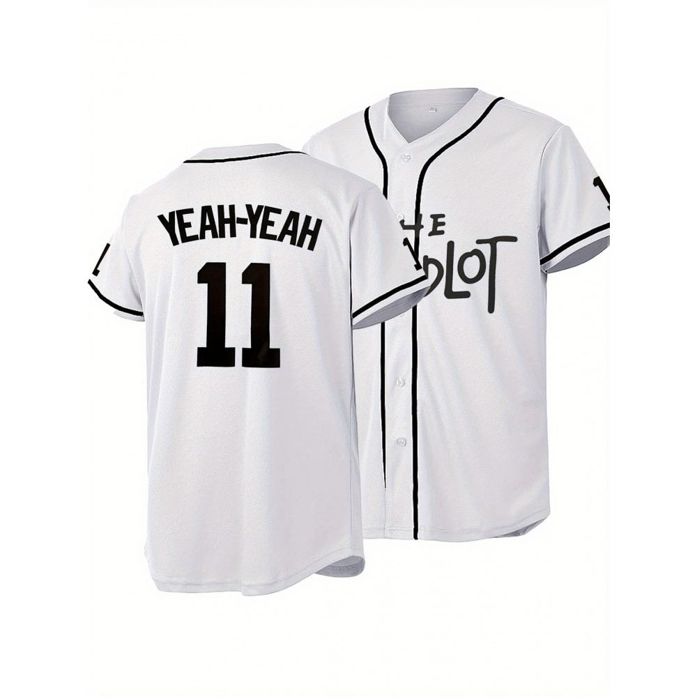 Men's White #11 Baseball Shirt - Loose Fit V-Neck Embroidered 