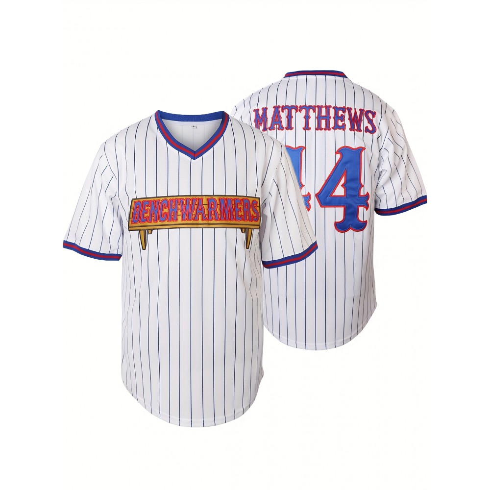 Men's White Polyester Baseball Jersey | V-Neck with Red & Blue Stripes | Embroidered #44 and BENGHAMMERS Design | Breathable, Machine Washable | Ideal for Training, Casual & Party Wear | Suitable for Spring to Autumn