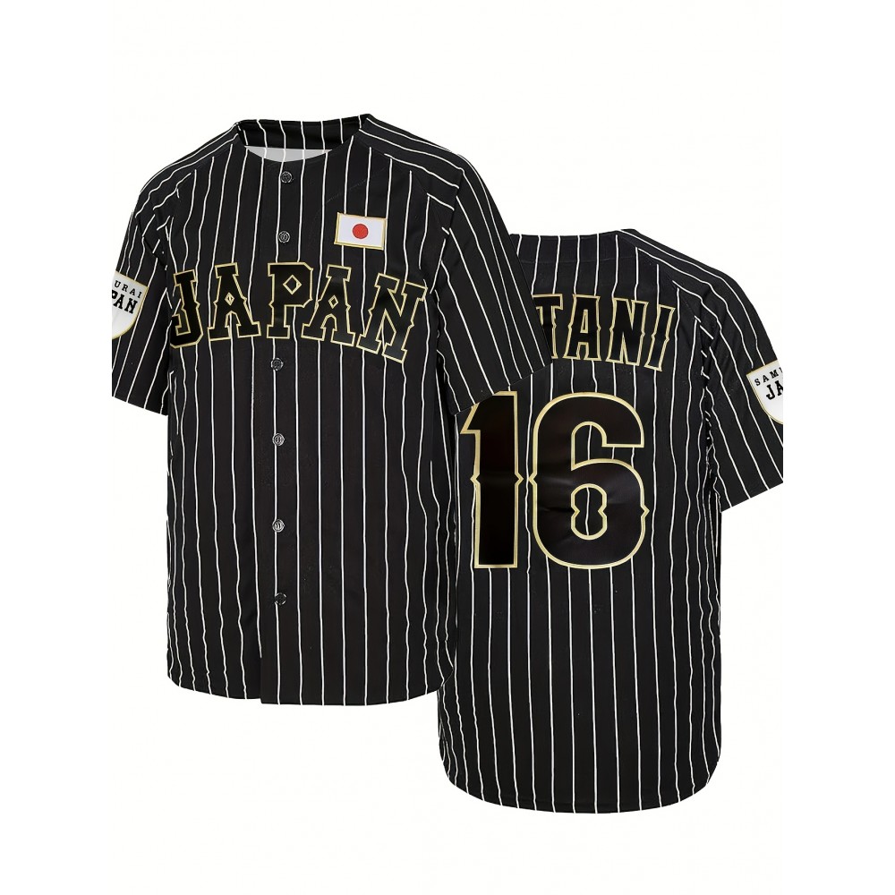 Men's #16 Japan Tanii Embroidered Baseball Jersey - Black & White Striped Retro Style, Breathable V-Neck Sports Shirt for Casual & Athletic Wear, Casual Sports Apparel | Retro Baseball Shirt | Embroidered Details