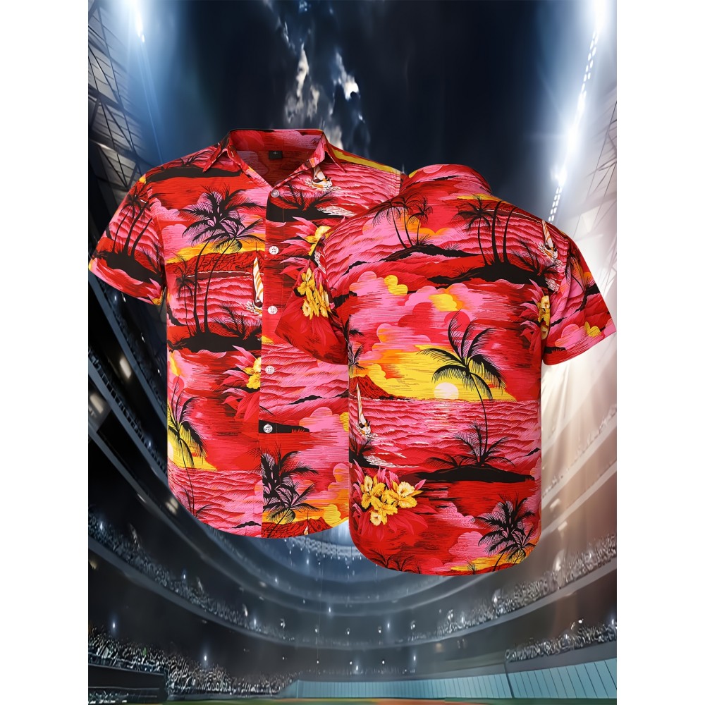 Men's Vibrant Tropical Floral Print Baseball Shirt - 100% Polyester, V-Neck, Loose Fit for Beach, Sports & Casual Outings, Sizes S-3XL, Casual Wear Shirt | Tropical Print Shirt | Details