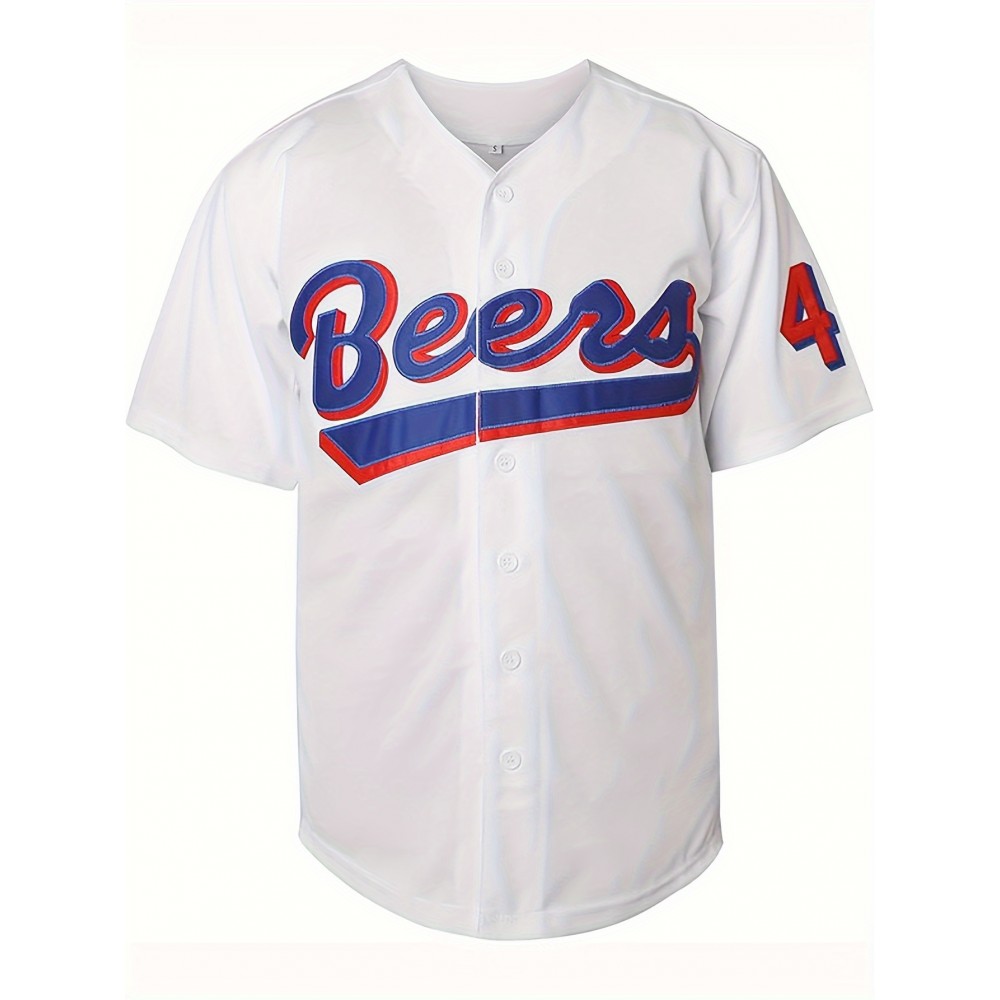 Men's #44 Beers Embroidered Baseball Jersey - Breathable, Comfort-Fit, V-Neck, Button-Up, White with Red & Blue Stripes, Polyester, Casual & Sporty, Sizes S-3XL
