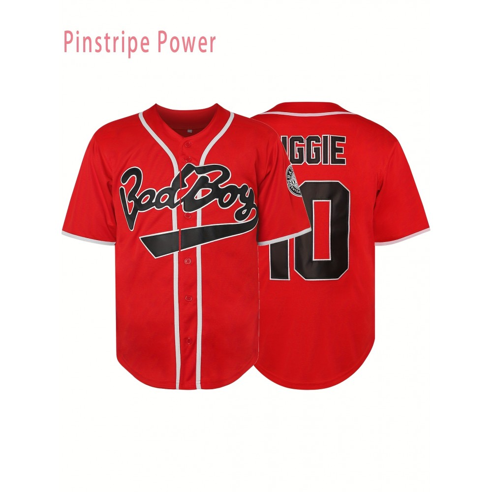 Men's #10 Red Baseball Shirt - V-Neck Button-Up Design with BAD BOY & PINESTRIP POWER Logos, Loose Fit Team Uniform for Games, Training, Casual Wear (Sizes S-3XL)